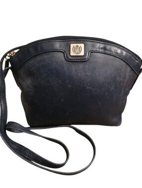 VTG 1990s Liz Claiborne Pebbled Leather Crossbody Bag Navy Crest EuC
